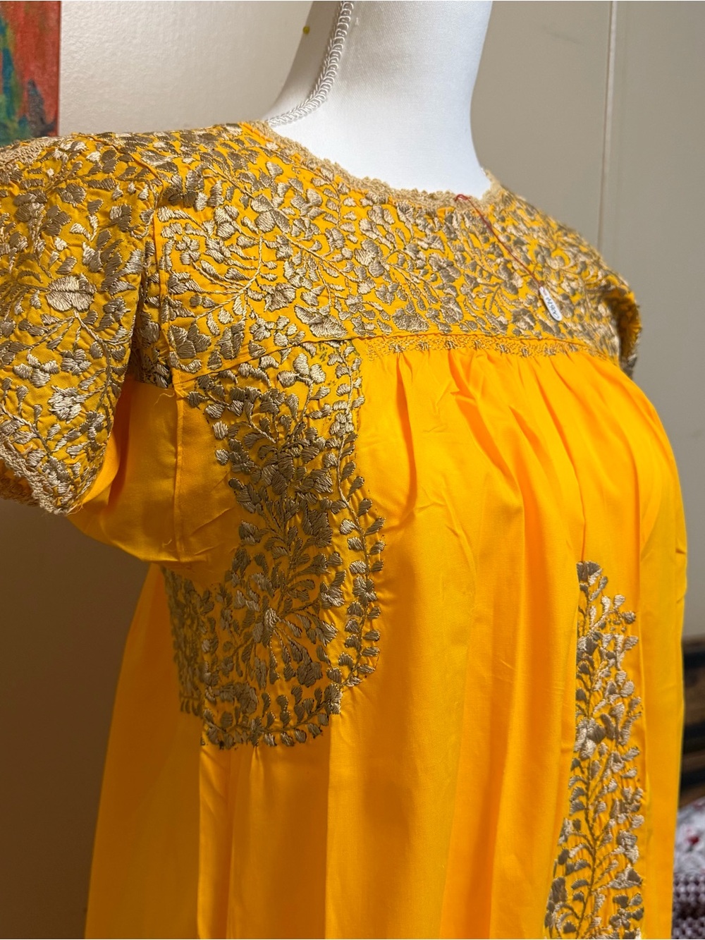 Authentic San Antonino Hand Embroidered Silk Traditional Mexican Maxi Dress - Picture 4 of 13